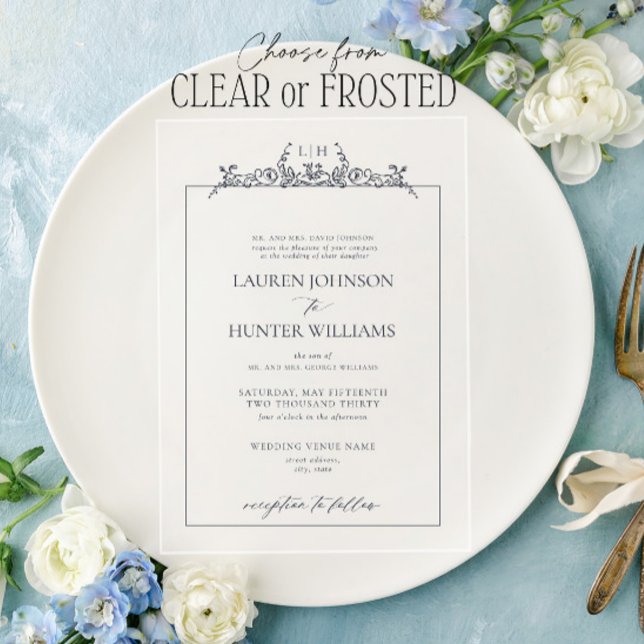 Formal Navy Blue Floral Border Monogram Wedding Acrylic Invitations (Creator Uploaded)