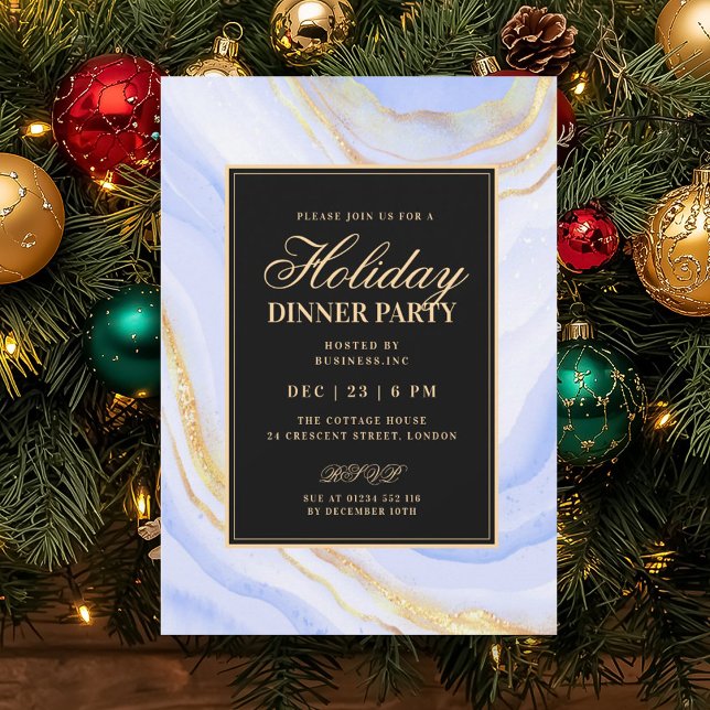 Formal Navy Blue Glam FAUX Marble Holiday Dinner  Invitation (Formal Navy Blue Glam FAUX Marble Holiday Dinner Invitation)