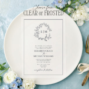 Formal Navy Blue Leafy Crest Monogram Wedding Acrylic Invitations