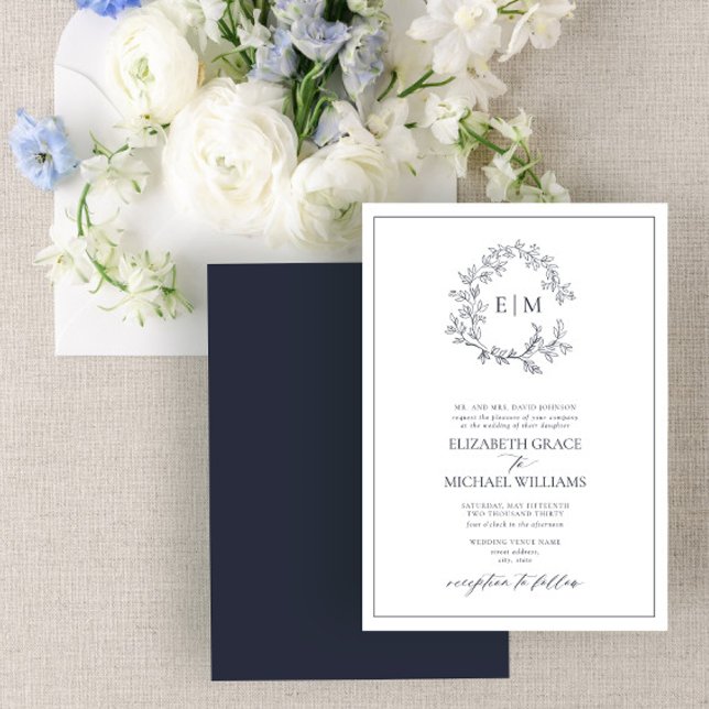 Formal Navy Blue Leafy Crest Monogram Wedding Invitation (Creator Uploaded)