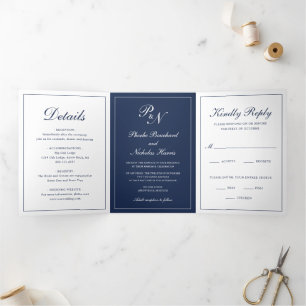 Formal Navy Blue Monogram Photo Elegant Wedding Tri-Fold Invitation