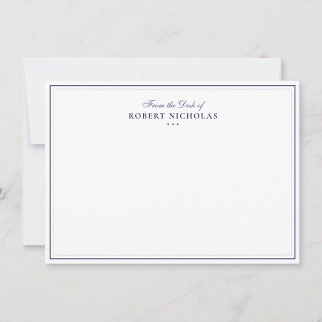 Formal Navy blue Script Two Border Stationery Card (Front)