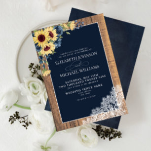 Formal Navy Blue Sunflower Lace Script Wedding Invitation