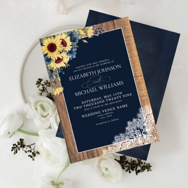 Formal Navy Blue Sunflower Lace Script Wedding Invitation (Creator Uploaded)