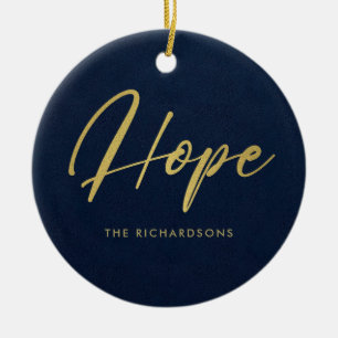 FORMAL NAVY FAUX GOLD MINIMAL CALLIGRAPHY HOPE CERAMIC ORNAMENT