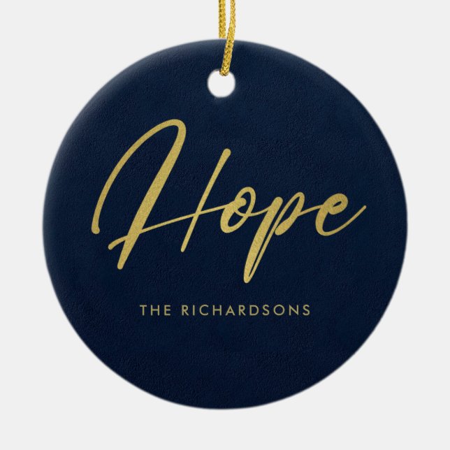 FORMAL NAVY FAUX GOLD MINIMAL CALLIGRAPHY HOPE CERAMIC ORNAMENT (Front)