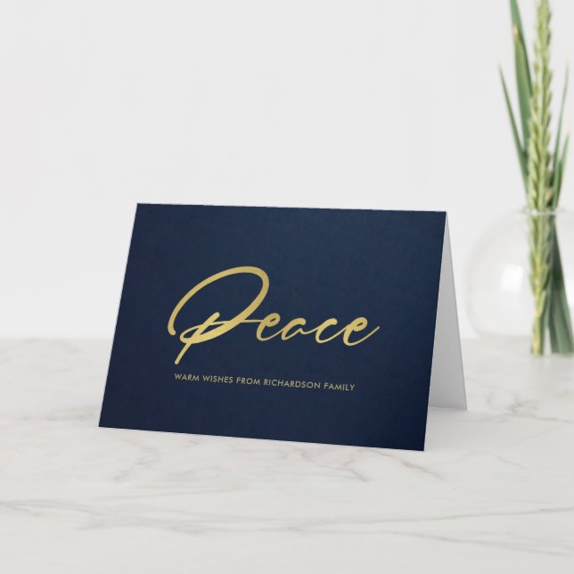 FORMAL NAVY FAUX GOLD MINIMAL CALLIGRAPHY PEACE CARD (Front)