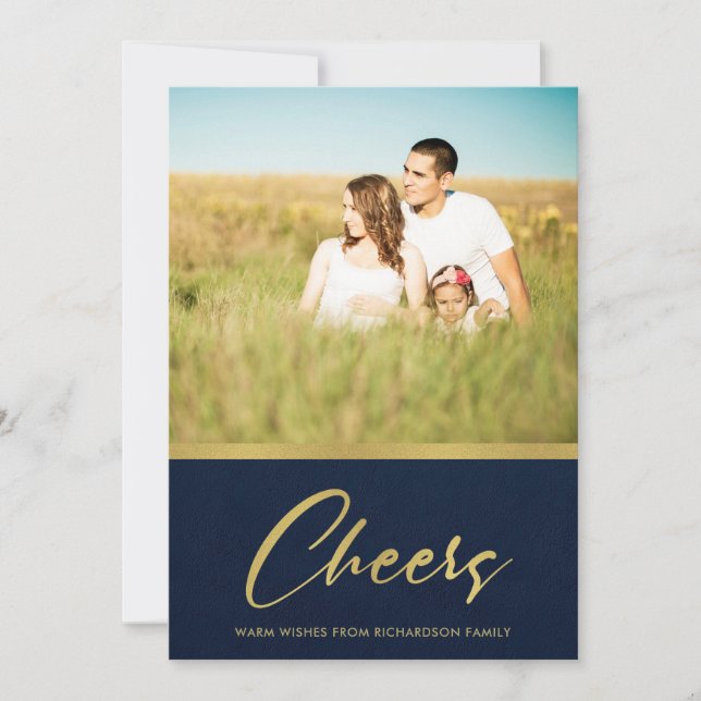FORMAL NAVY FAUX GOLD MINIMAL CHEERS PHOTO HOLIDAY CARD (Front)