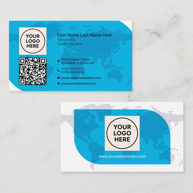 Formal Navy World Map QR Business Card (Front/Back)