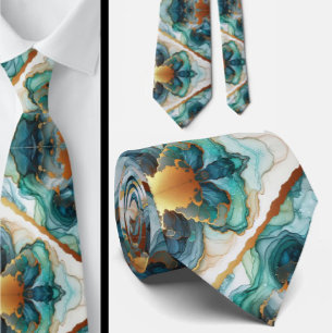 Formal Neck Tie Marble Teal Blue & Gold
