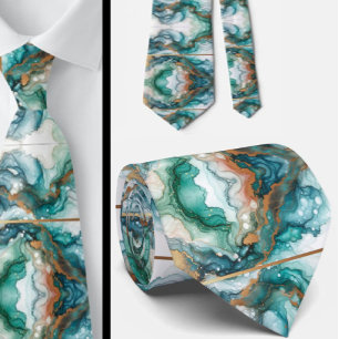 Formal Neck Tie Marble Teal Blue & Gold