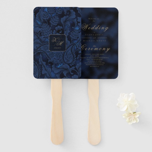 Formal Paisley Wedding Navy Blue ID767 Hand Fan (Front and Back)