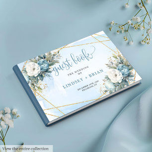 Formal Pastel Blue Peonies Gold Wedding Guest Book