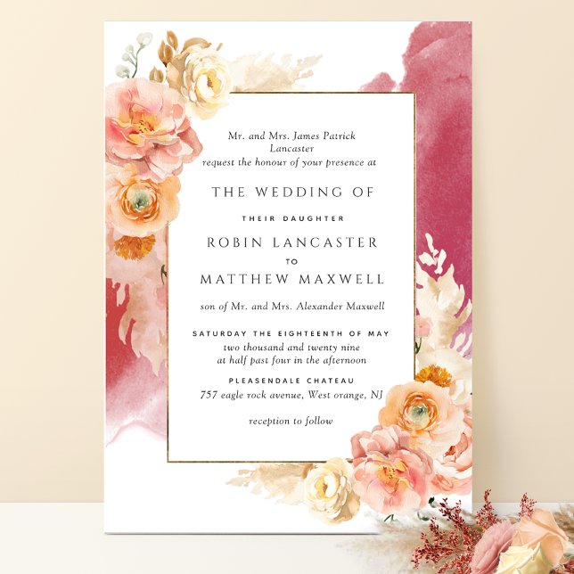Formal Peach, Blush, Burgundy Watercolor Wedding Invitation (Creator Uploaded)