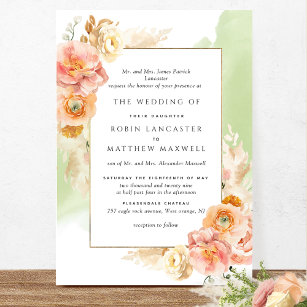 Formal Peach Blush Floral Green Watercolor Wedding Invitation