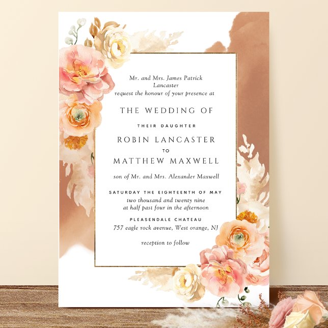 Formal Peach Floral Terracotta Watercolor Wedding Invitation (Creator Uploaded)