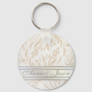 Formal Pearl White Damask Wedding Favour Key Ring