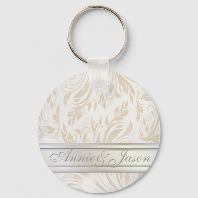 Formal Pearl White Damask Wedding Favour Key Ring (Front)