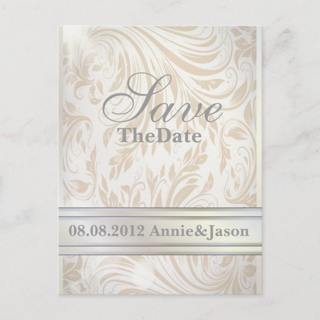 Formal Pearl White Damask Wedding save the date Announcement Postcard (Front)