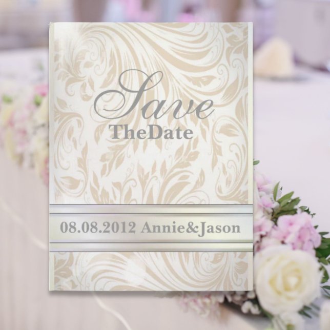 Formal Pearl White Damask Wedding save the date Announcement Postcard (Formal Pearl White Damask Wedding save the date Announcement Postcard)