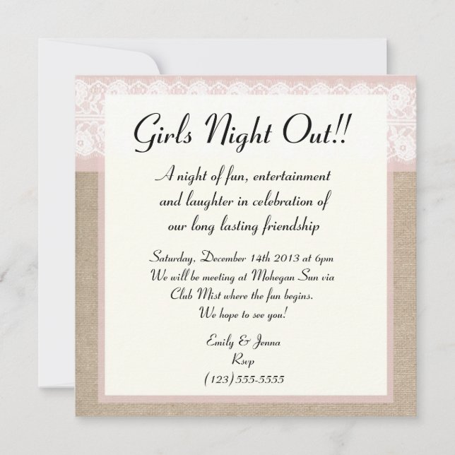 Formal Pink Lace Burlap Girls Night Out Invitation (Front)