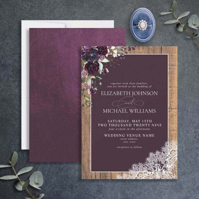 Formal Plum Purple Rustic Wood Script Wedding Invitation (Creator Uploaded)