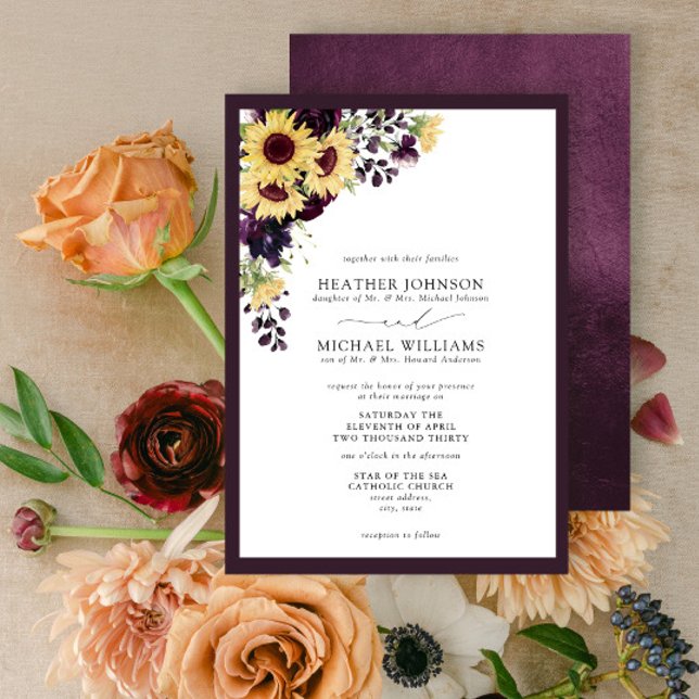Formal Plum Purple Sunflower Watercolor Wedding Invitation (Creator Uploaded)