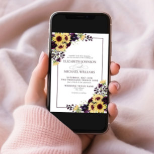 Formal Plum Purple Sunflower Watercolor Wedding Invitation