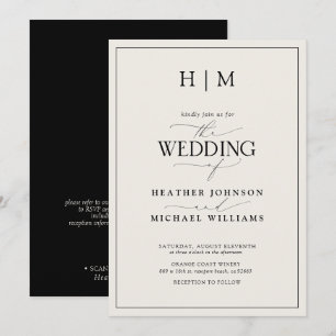 Formal QR Code Black Ivory Monogram Script Wedding Invitation