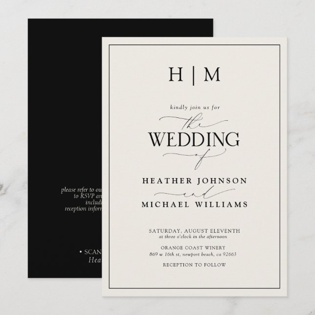 Formal QR Code Black Ivory Monogram Script Wedding Invitation (Front/Back)