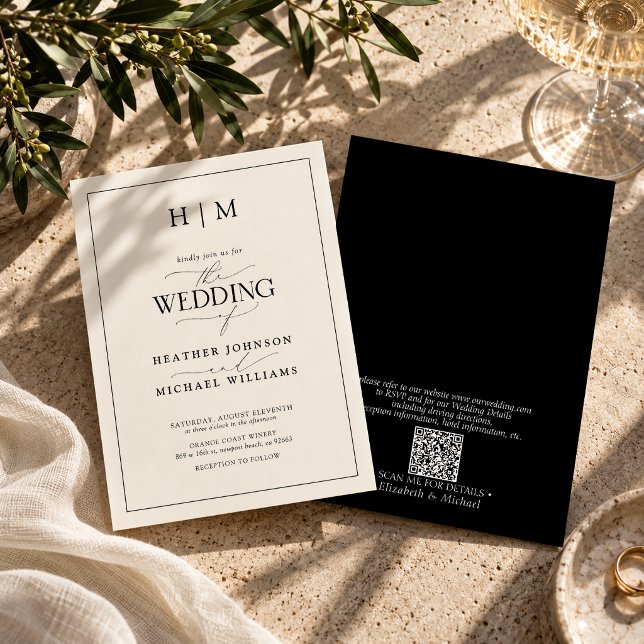 Formal QR Code Black Ivory Monogram Script Wedding Invitation (Creator Uploaded)