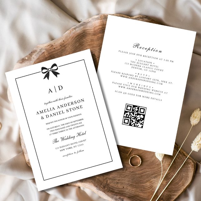 Formal QR Code Black & White Bow Monogram Invitation (Creator Uploaded)