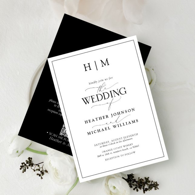 Formal QR Code Black White Monogram Script Wedding Invitation (Creator Uploaded)
