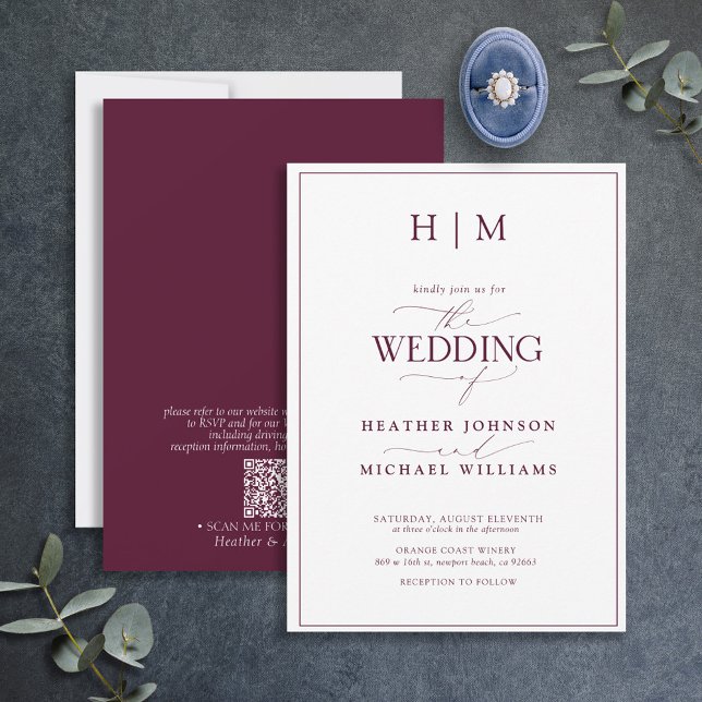 Formal QR Code Burgundy Monogram Script Wedding Invitation (Creator Uploaded)
