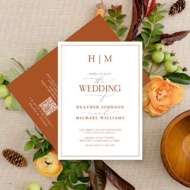 Formal QR Code Burnt Orange Monogram Wedding Invitation (Creator Uploaded)