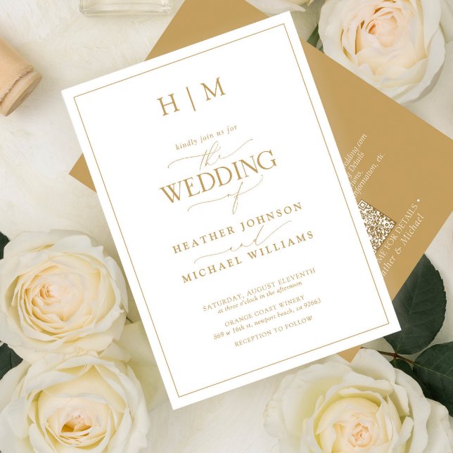 Formal QR Code Gold Monogram Calligraphy Wedding Invitation (Creator Uploaded)