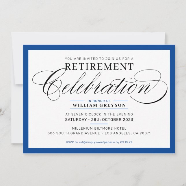 FORMAL RETIREMENT PARTY modern fancy royal blue Invitation (Front)