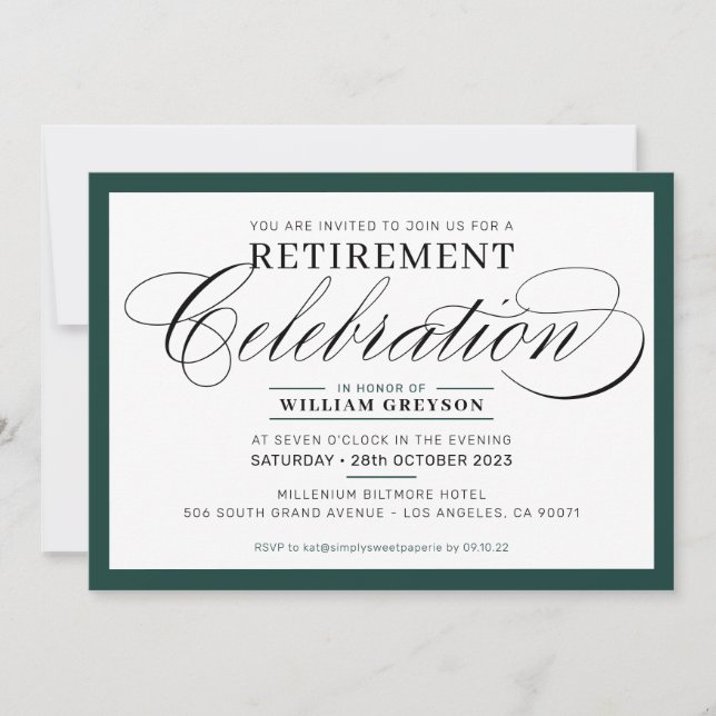 FORMAL RETIREMENT PARTY modern simple dark green Invitation (Front)