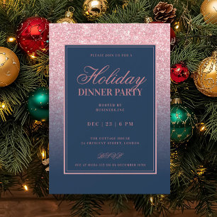Formal Rose Gold FAUX Glitter Holiday Dinner Navy  Invitation