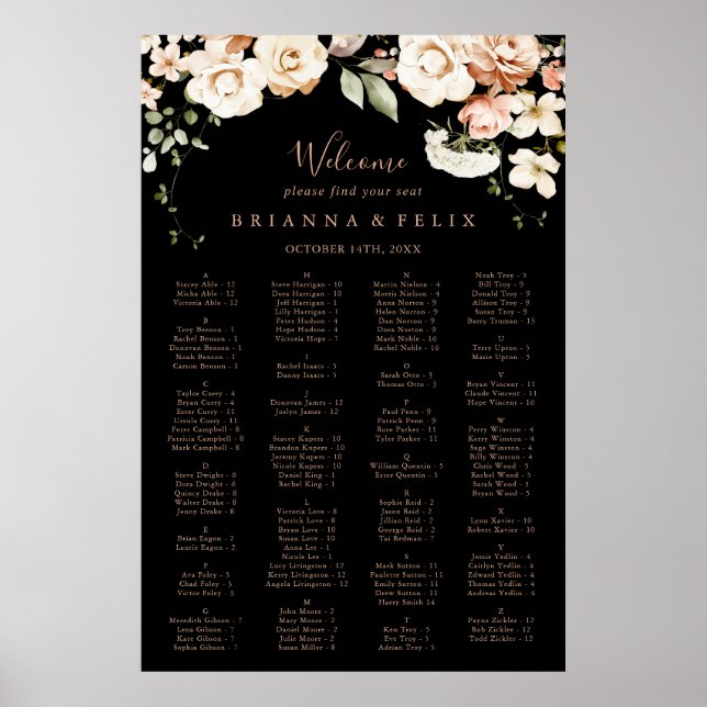 Formal Royal Floral Alphabetical Seating Chart (Front)