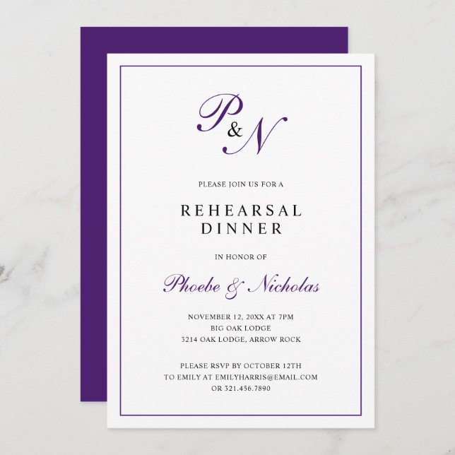 Formal Royal Purple Monogram Rehearsal Dinner Invitation (Front/Back)