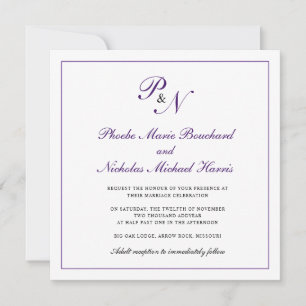 Formal Royal Purple Monogram Square Wedding Invitation