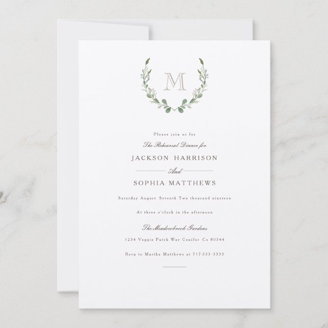 Formal & Rustic Greenery  | Initial Wedding Invite (Front)