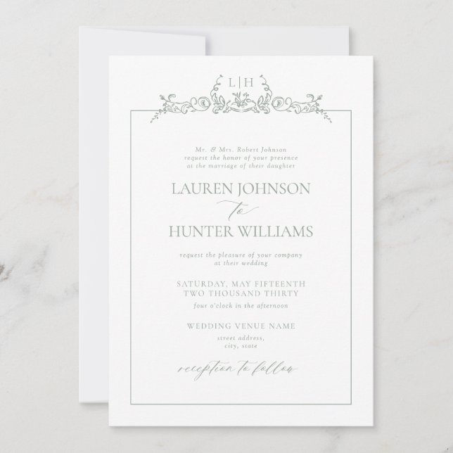 Formal Sage Green Floral Border Monogram Wedding Invitation (Front)