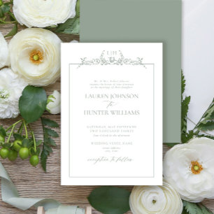 Formal Sage Green Floral Border Monogram Wedding Invitation