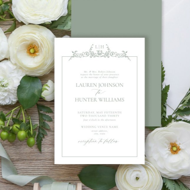 Formal Sage Green Floral Border Monogram Wedding Invitation (Creator Uploaded)