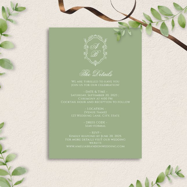 Formal Sage Green Floral Monogram Crest Wedding Enclosure Card (Creator Uploaded)