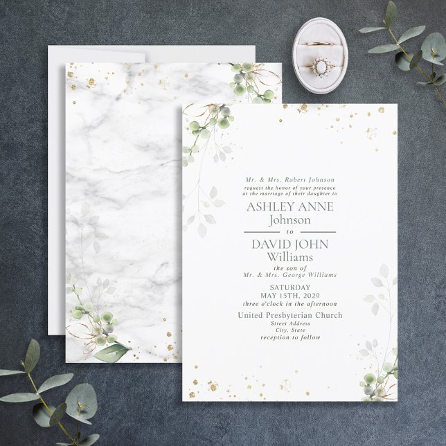 Formal Sage Green Greenery Gold Marble Wedding Invitation (Creator Uploaded)