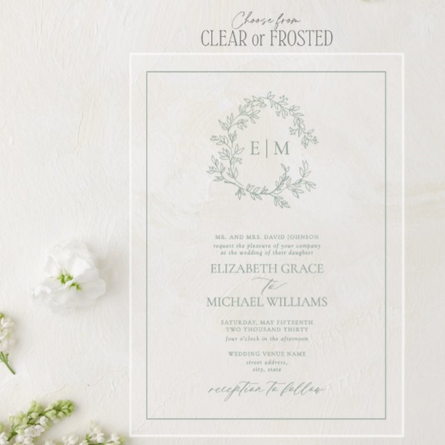 Formal Sage Green Leafy Crest Monogram Wedding Acrylic Invitations (Creator Uploaded)