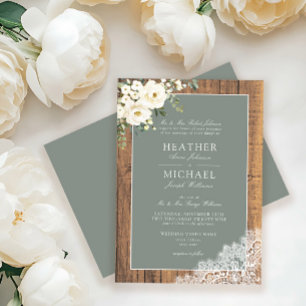 Formal Sage Green White Floral Wood Script Wedding Invitation